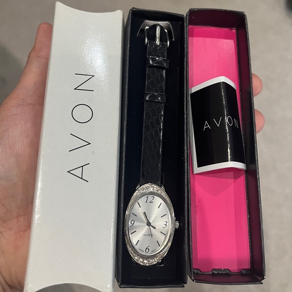 Avon Accessories - AVON Classic Silver Rhinestone Oval Face Watch Black Faux Leather Japan Elegant